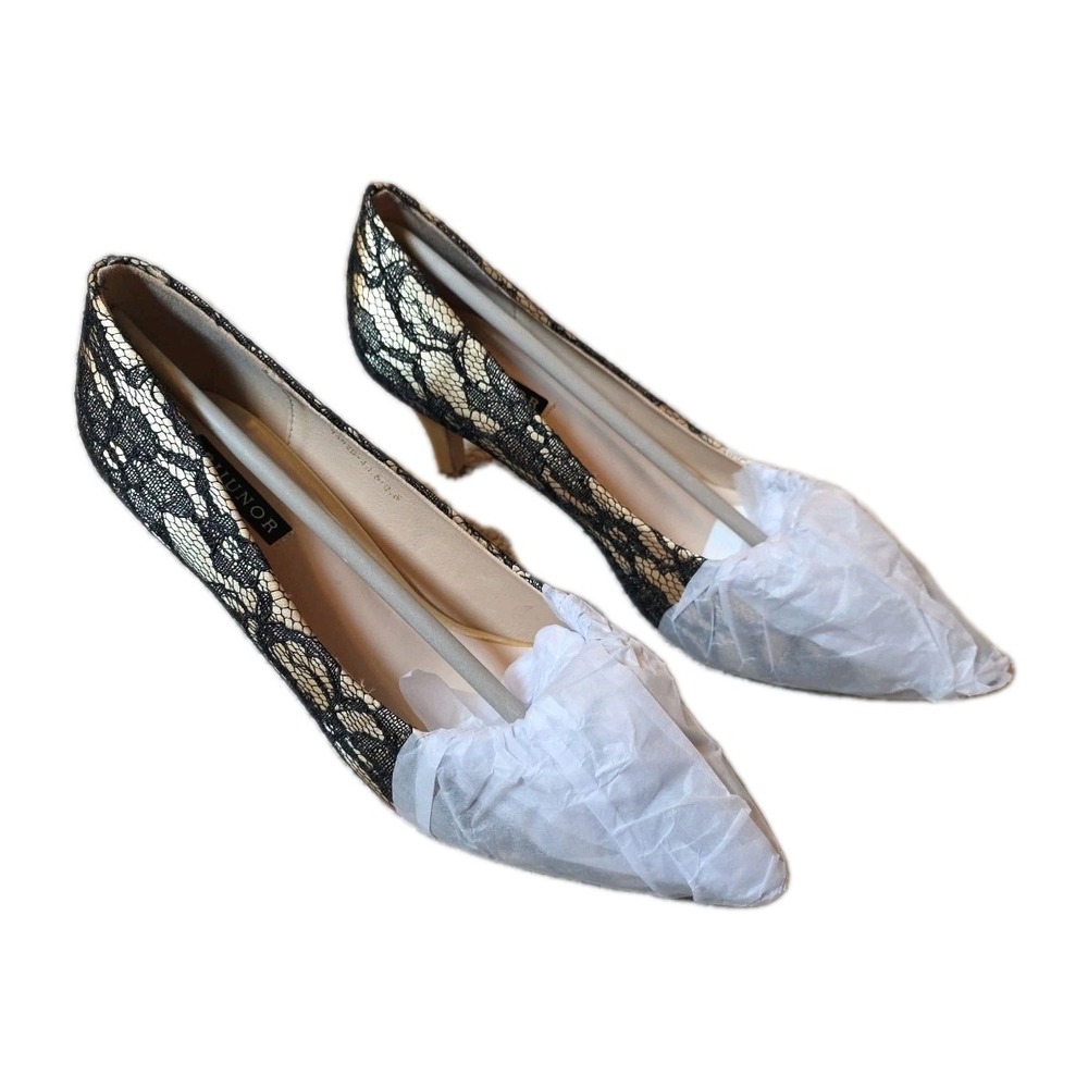 ERIJUNOR  Women's NUDE SILK‎ SATIN WITH Black Lace Over THE SHOE NIB